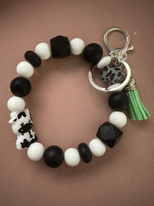 Cow w/ Teal Tassel Wristlet Keychain