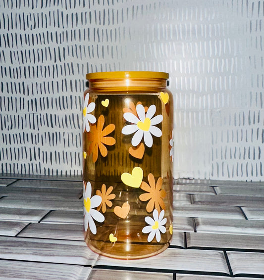 Yellow Glass Can Cup- Daisies