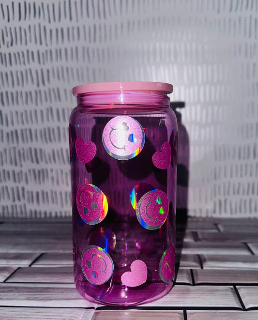 Light Pink Glass Can Cup- Holographic Smile