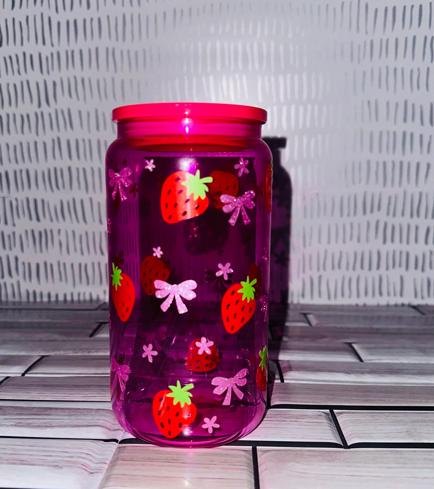 Hot Pink- Glass Can Cup- Strawberries