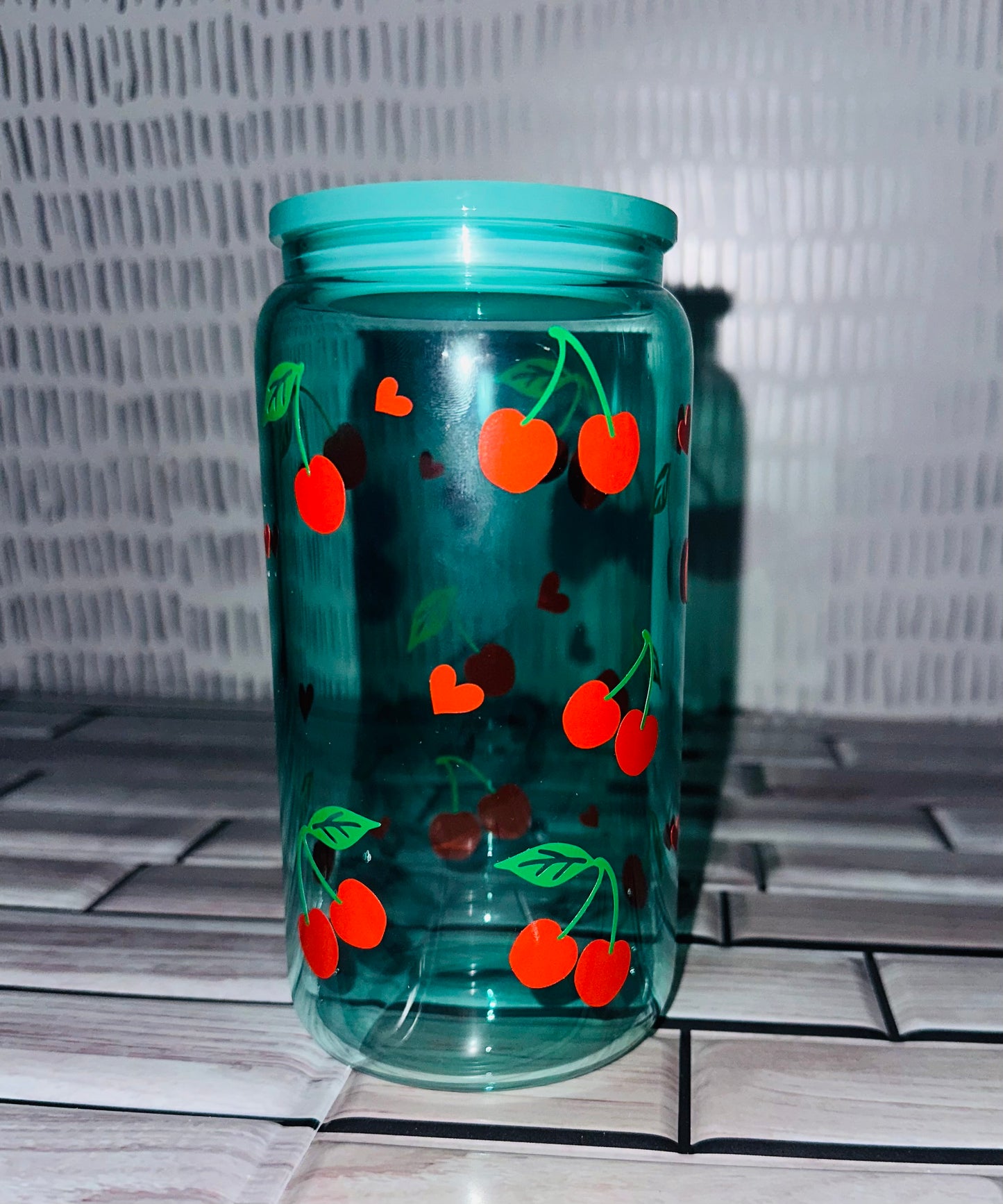 Teal Glass Can Cup- Cherries