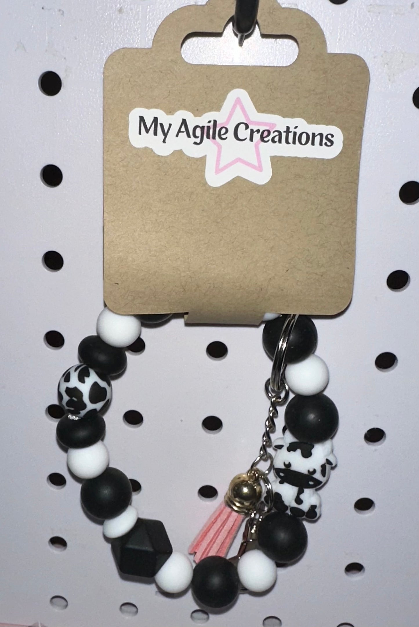 Cow w/ pink Tassel Wristlet Keychain