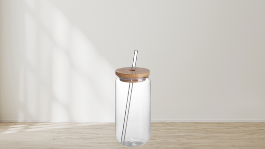 16 oz Glass Can cup with Bamboo lid and straw